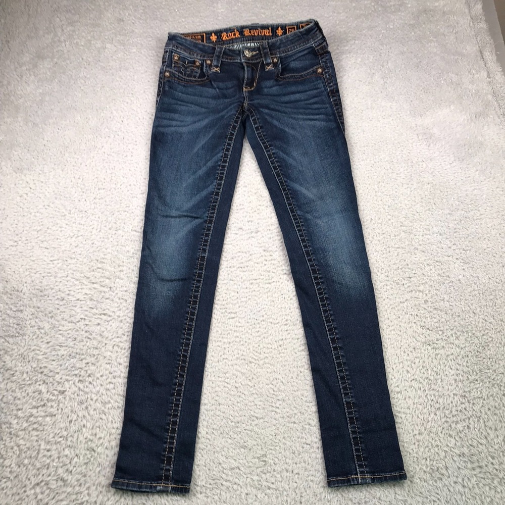 Rock Revival Jeans Womens 26 (27x31) Jessica Skinny Low Rise Dark Whiskers Denim